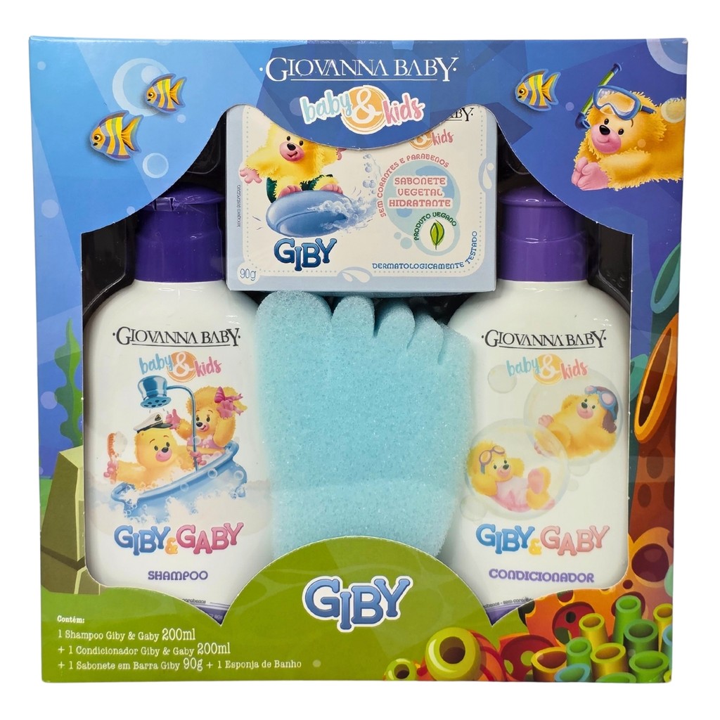Shampoo 200ml + Condicionador 200ml + Sabonete Barra Giby 90g + Esponja Banho Vegano Giovanna Baby