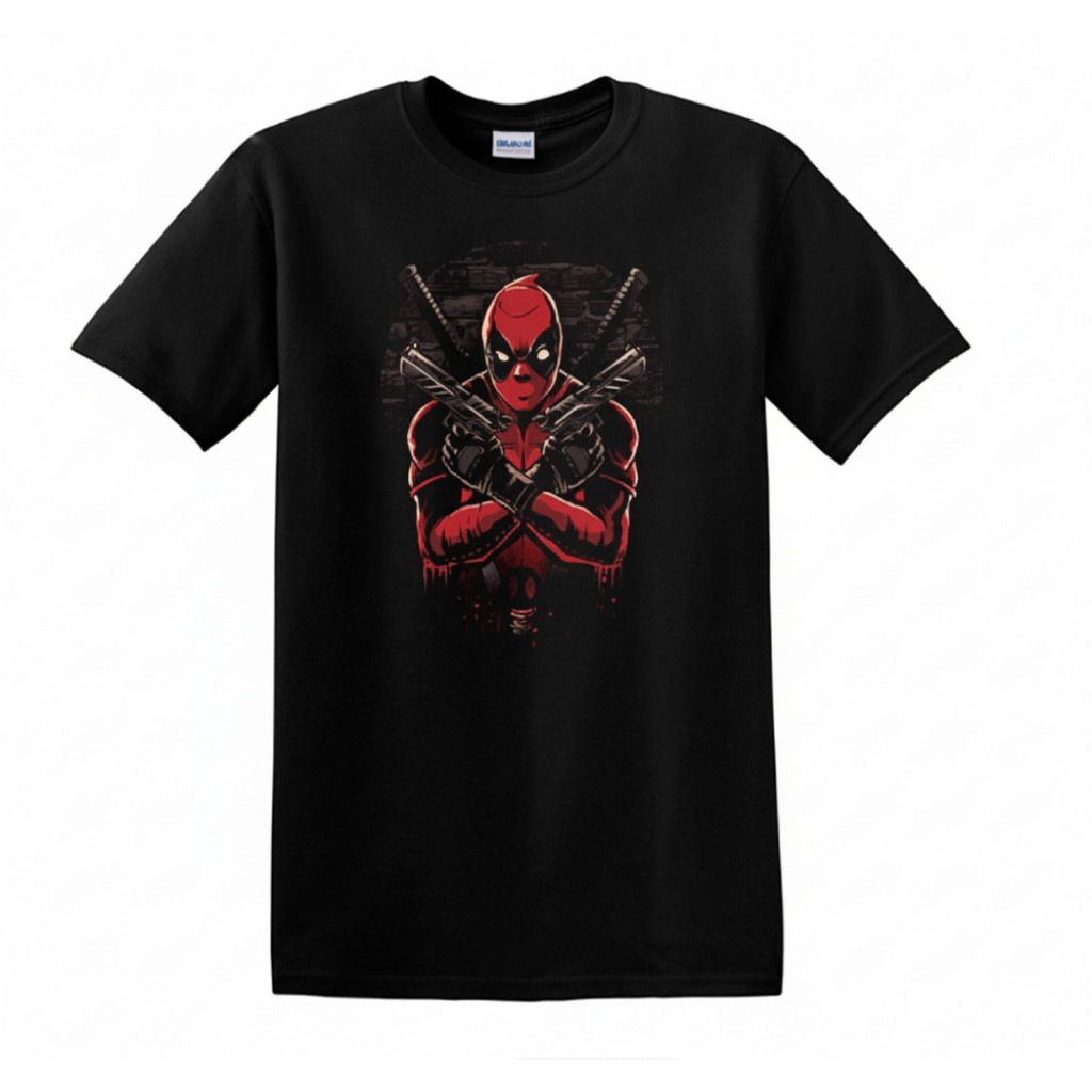 Camiseta Masculina Plus Size De Algodão Com Estampa Do Deadpool Apresentando Duas Pistolas E Uma Espada Samurai Cruzada
