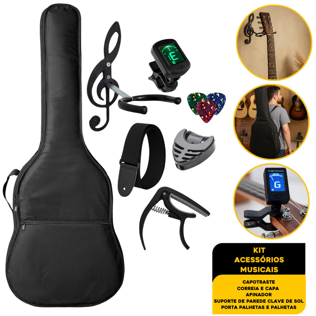 Capa Violão + Capotraste + Palhetas + Porta Palhetas + Suporte + Correia