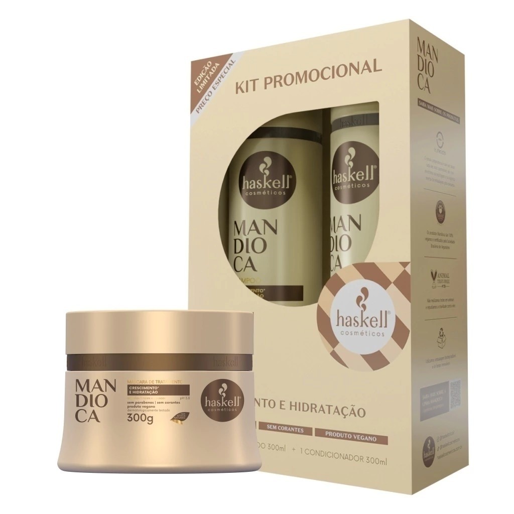 Kit Tratamento Capilar Mandioca 300gr Haskell | 3 Itens | Hidratação e fortalecimento