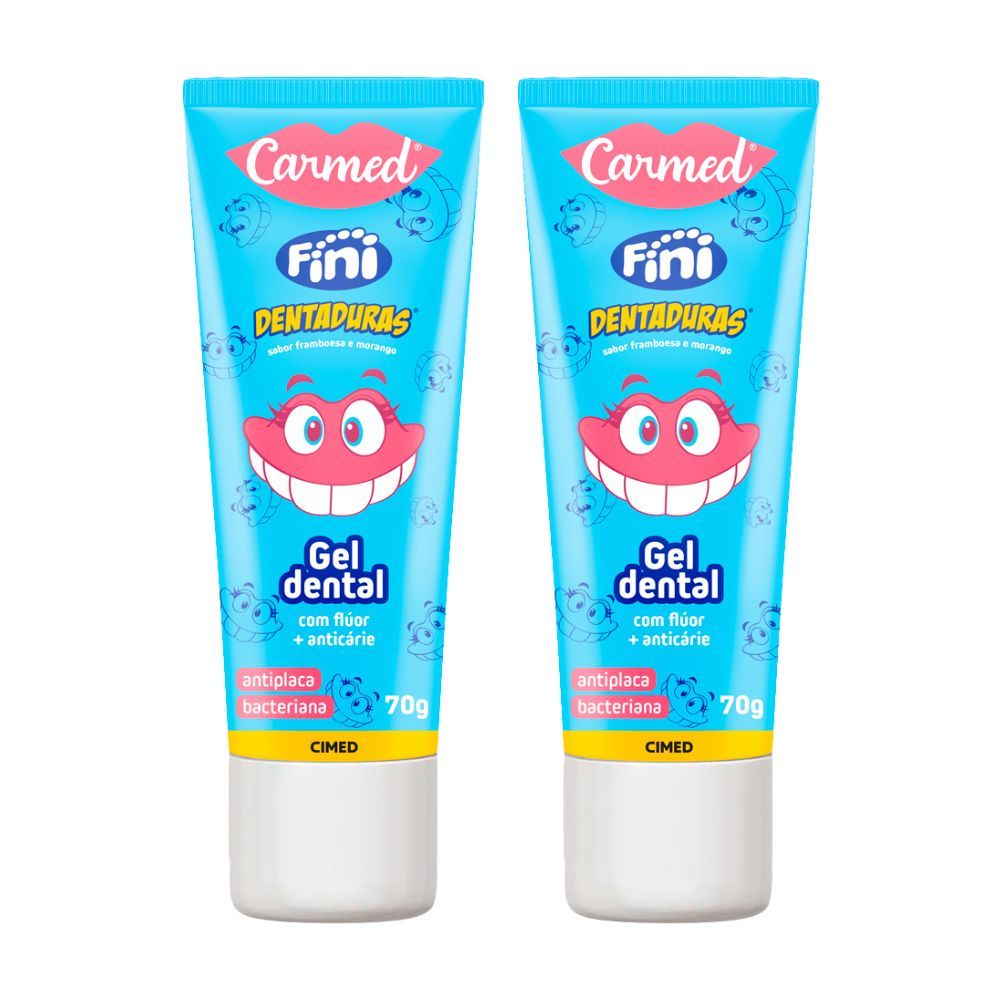 Kit 2 Gel Dental Carmed Fini Dentaduras Sabor Framboesa e Morango com Flúor e Anticárie 70g em Oferta na Shopee