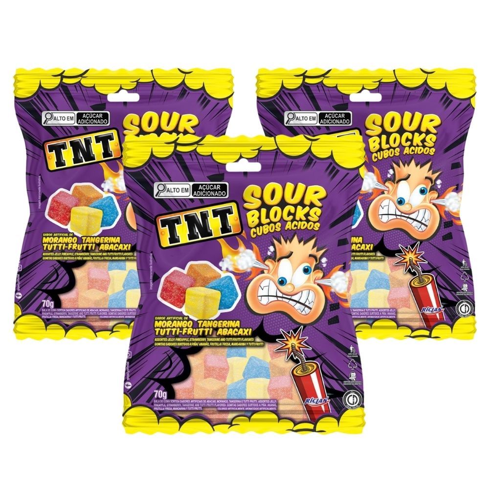 Kit 3 Bala de Goma TNT Sour Blocks Cubos Ácidos Morango, Tangerina, Tutti-Frutti e Abacaxi 70g