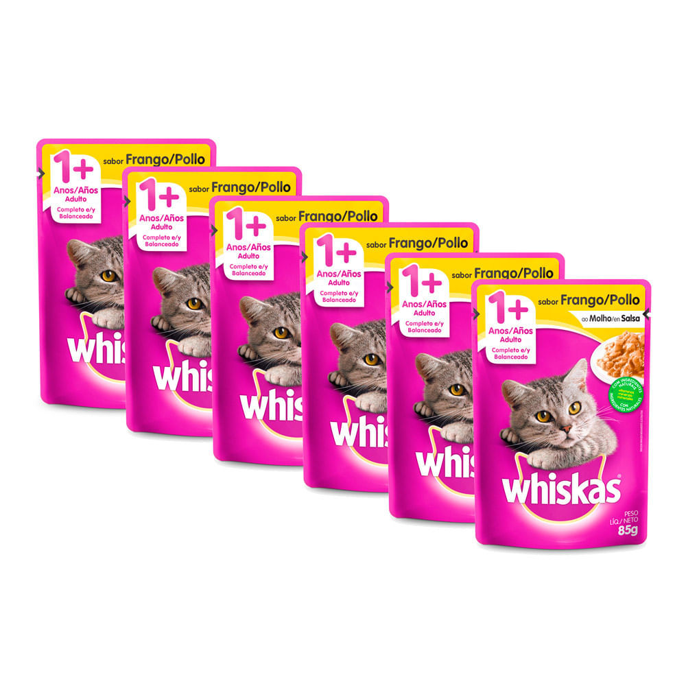 Kit 6 Ração Úmida para Gatos Whiskas Adulto 1+ Anos Sabor Frango ao Molho em Sachê 85g