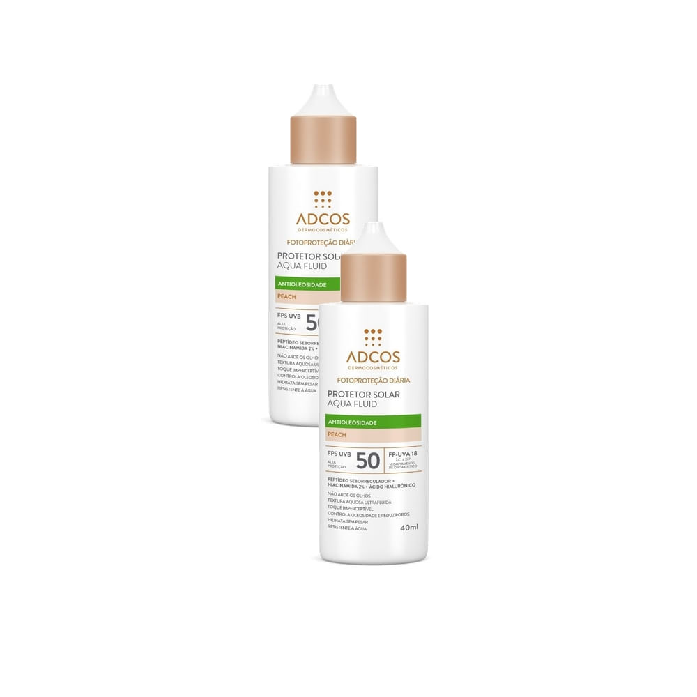 Kit 2 Protetor Solar Adcos Fotoproteção Diária Aqua Fluid Antioleosidade cor Peach FPS 50 com 40ml