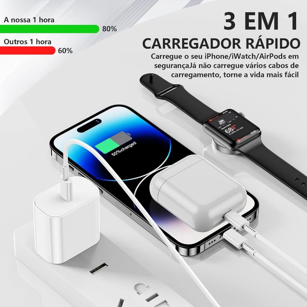 3 em 1 Carregador Magnético para Relógio - Lightning + Tipo-C + Indução USB (Cabo 1.2m)
