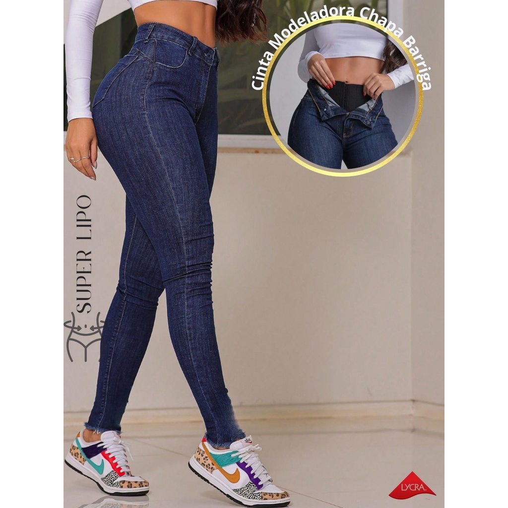 Calça Jeans Skinny Modeladora Azul Escuro Feminina Push Up Com Lycra Que Afina Cintura