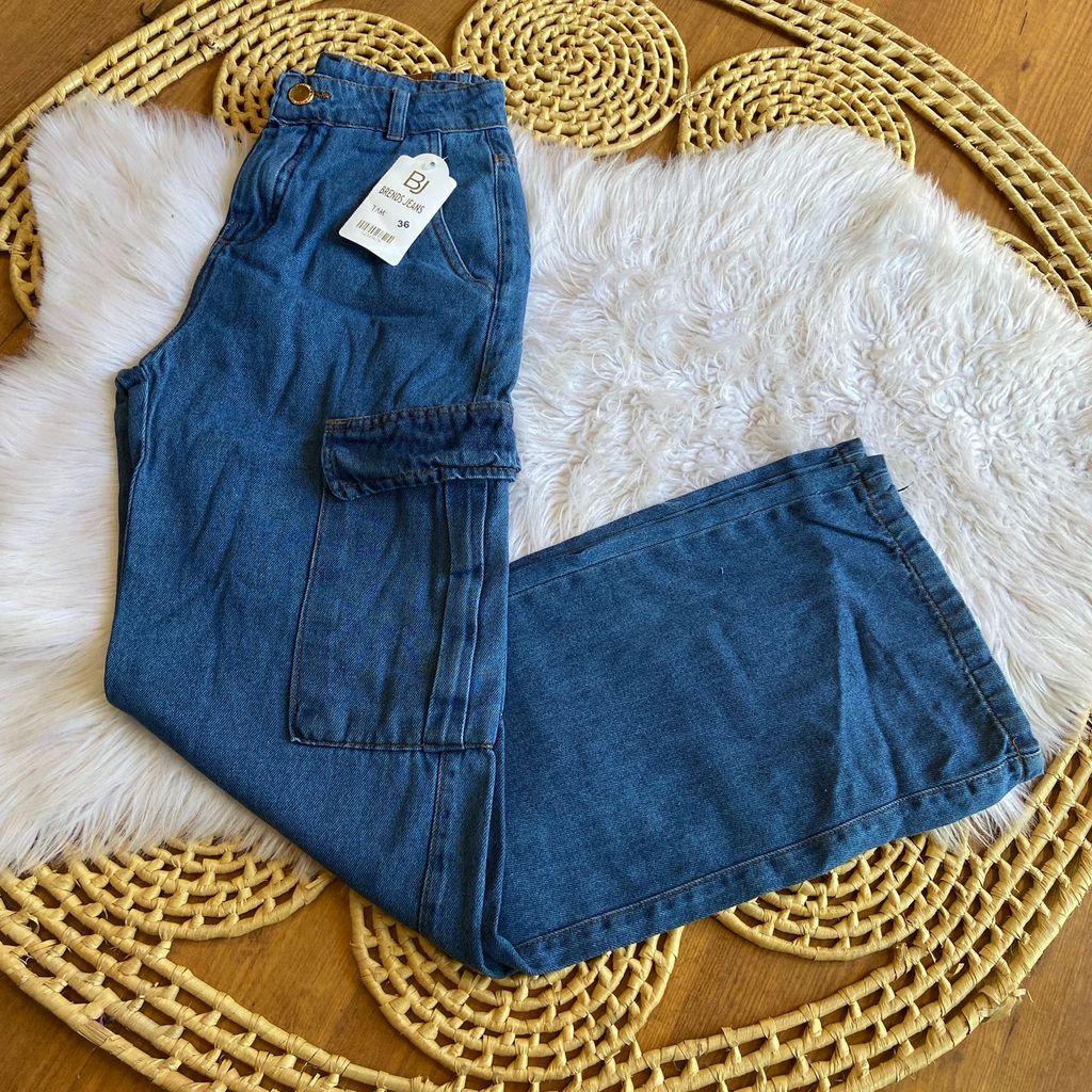Calça jeans cargo wide leg feminino 34 a 46 sem lycra pantalona bolso lateral em Oferta na Shopee