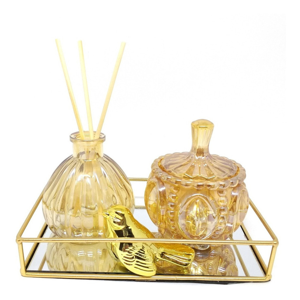 Bandeja Metal Com Espelho Decorativa Lavabo Banheiro Dourado