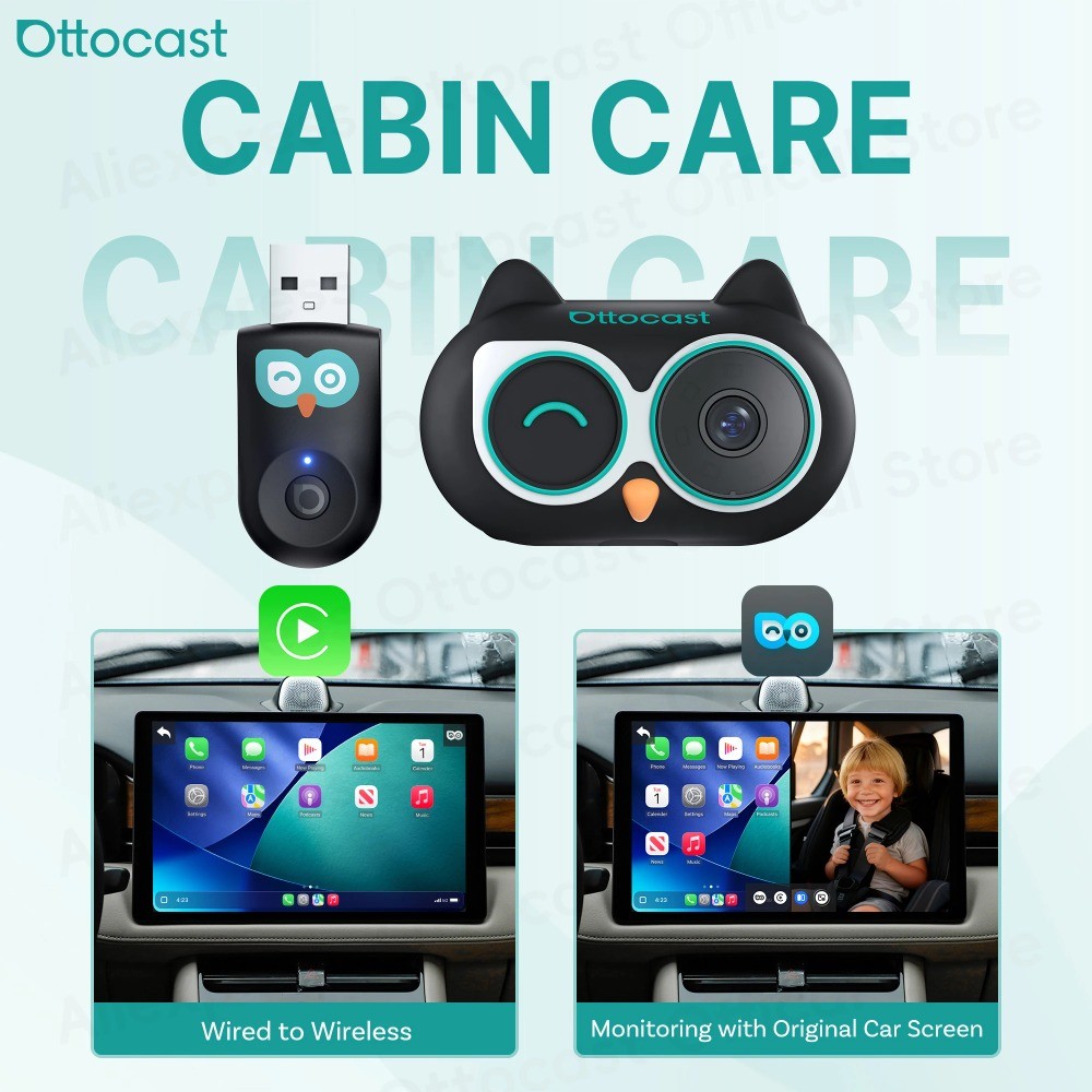 Adaptador De Cuidados De Cabine Ottocast Com Fio Para Câmera CarPlay Sem HD Bebês E Crianças