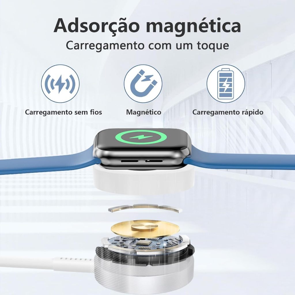 Carregador Magnético Multipropósito 3 em 1 - Relógio + Lightning/Tipo-C/Indução + Cabo 1.2 Metros