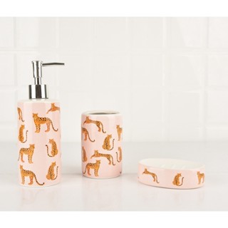 Kit De Banheiro Leopardo com 3 Peças de Cerâmica Cheetah Seanite Saboneteira Dispenser Porta Escova em Oferta na Shopee