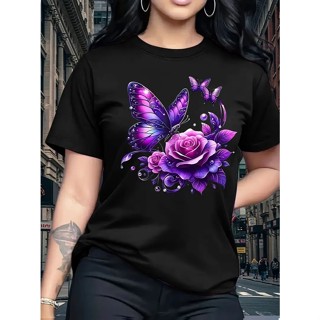Camiseta Feminina T-shirt Camisa Basica 100% Algodao Estampa Borboleta Flor em Oferta na Shopee