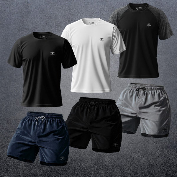 Kit 6 Masculino: 3 Camisetas Dry Fit Academia e 3 Short Masculino Verão P ao GG
