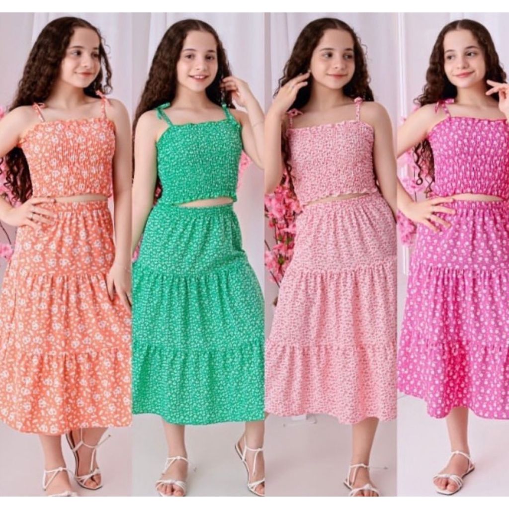 Krica Kids - Conjunto Infantil Menina Cropped Lastex Saia Midi Floral Verão Festa