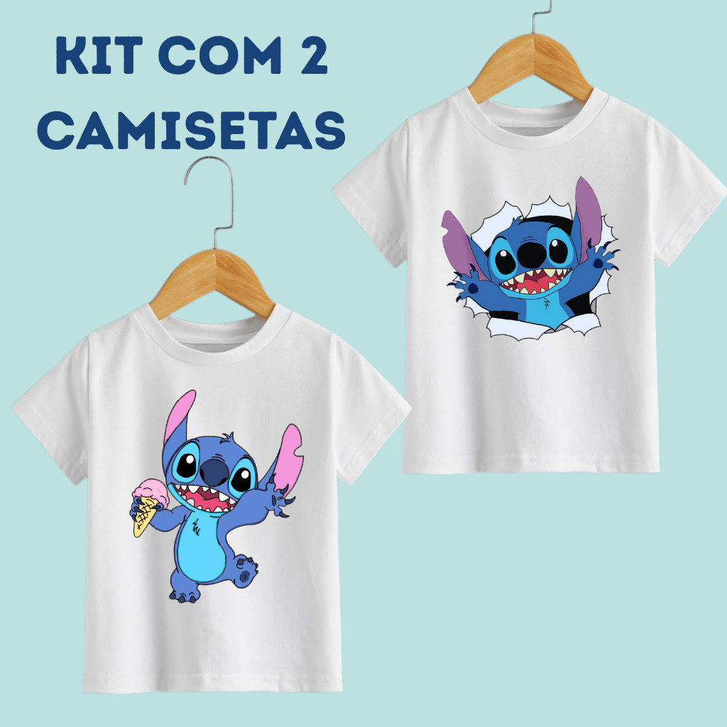 KIT CAMISETA CAMISA BLUSA COM 2 CAMISETAS ESTAMPADA LILO  STITCH ANGEL DESENHO MODA INFANTIL JUVENIL