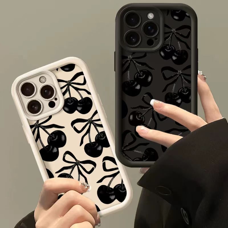 Capa de Telefone com Laço de Cereja Preta para Samsung Galaxy A56 A16 A06 A55 A54 A54 A53 A15 A14 A35 A34 A17 A07 A52 A7