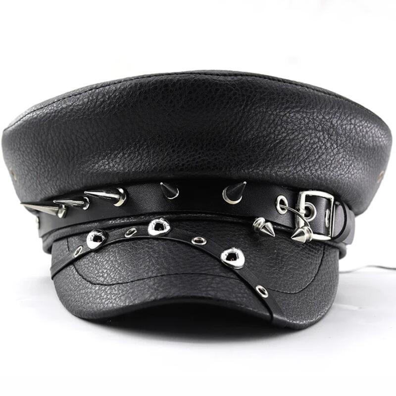 Boné Militar de Capitão em Couro PU Preto, Boina Feminina Moderna, Boné de Jornaleiro Feminino, Estilo Hip-hop Punk, Bon