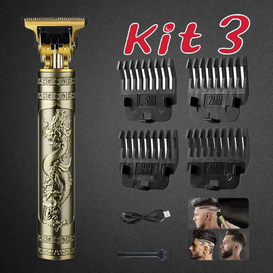 Kit 3 Máquina de Barbear e Cortar Cabelo Profissional Elétrica Recarregável USB LED Alta Qualidade
