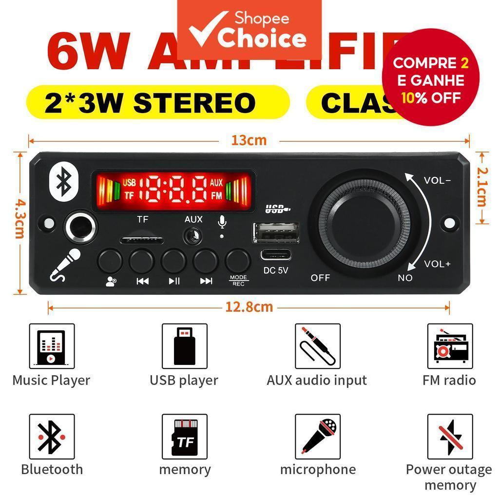 Sem Fio Bluetooth 5.0 MP3 Player Carro 2 * 3W 6W Deco-der Placa Com Amplificador DC 5V Áudio TF Rádio