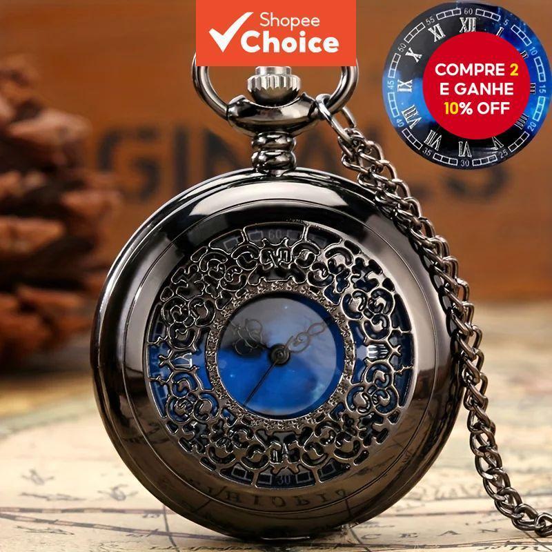 Relógio De Bolso De Quartzo Oco Com Mostrador Azul Estrelado Retrô Bronze Pingente Algarismos Romanos em Oferta na Shopee