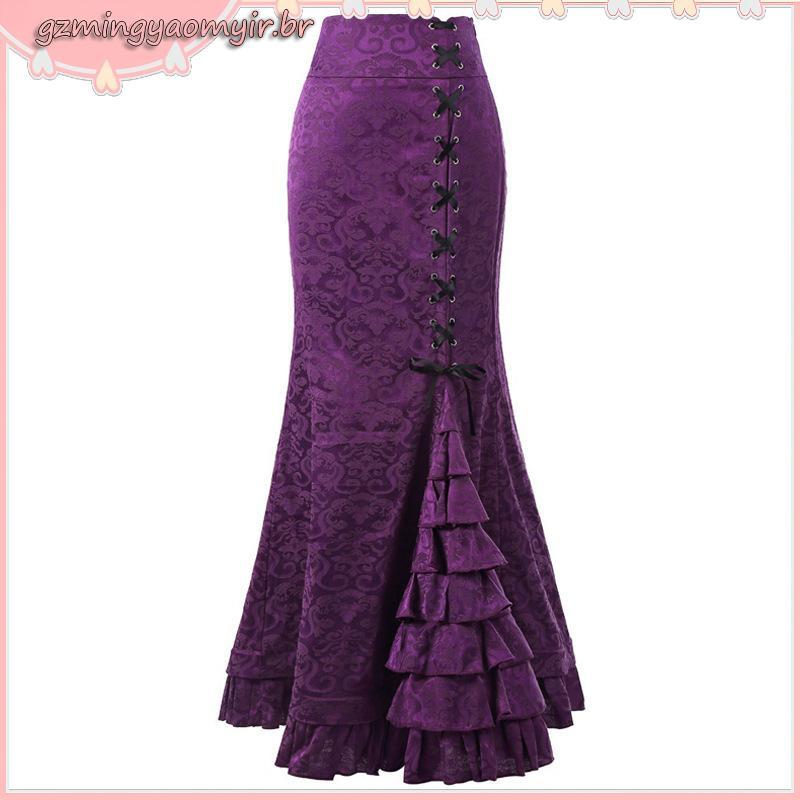 Saia europeia e americana de estilo gótico feminino saia preta preta escura saia longa jacquard subcultural saia de rabo