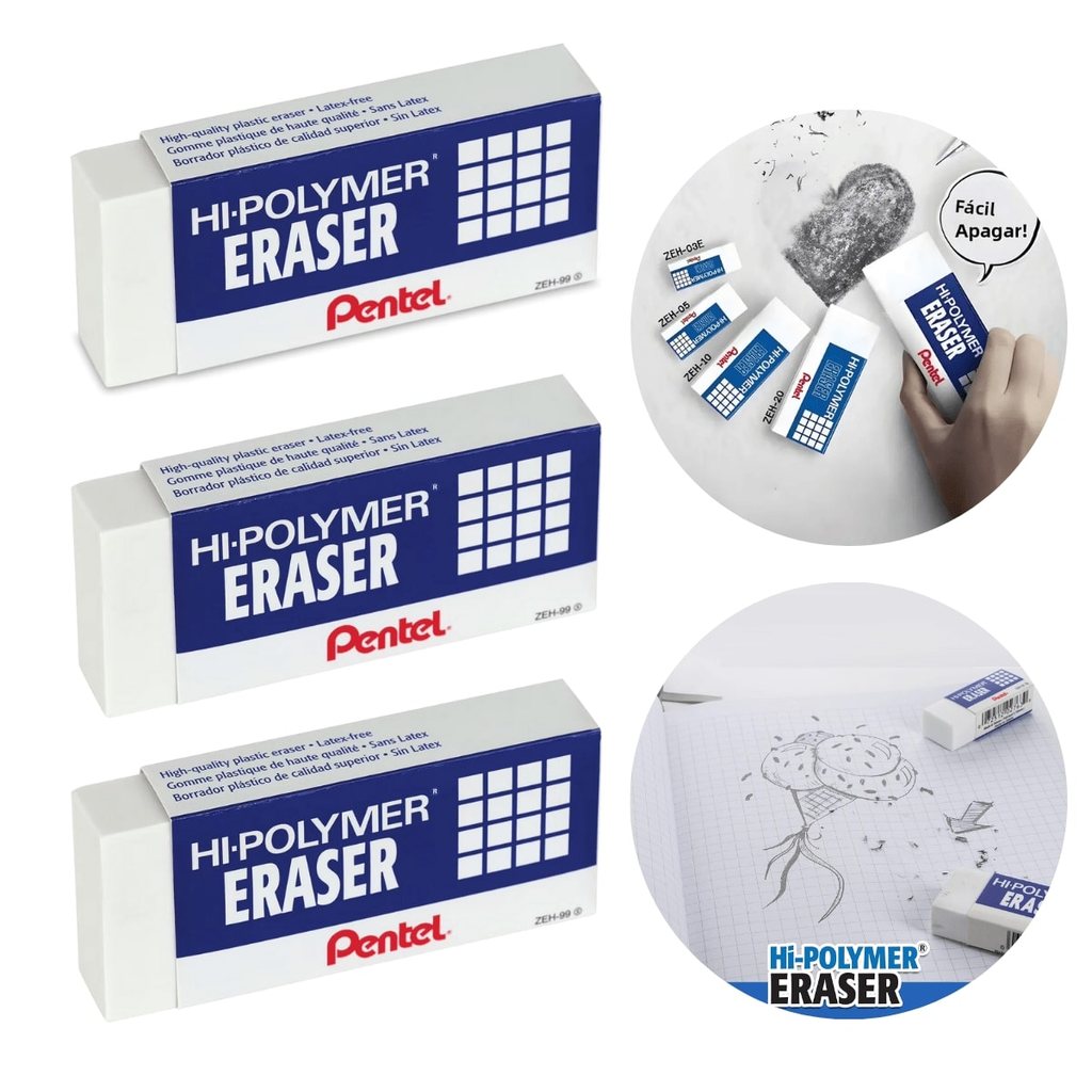 Borracha Pentel Hipolymer Branca ZEH-05 Desenho Tecnica 3 Unidades