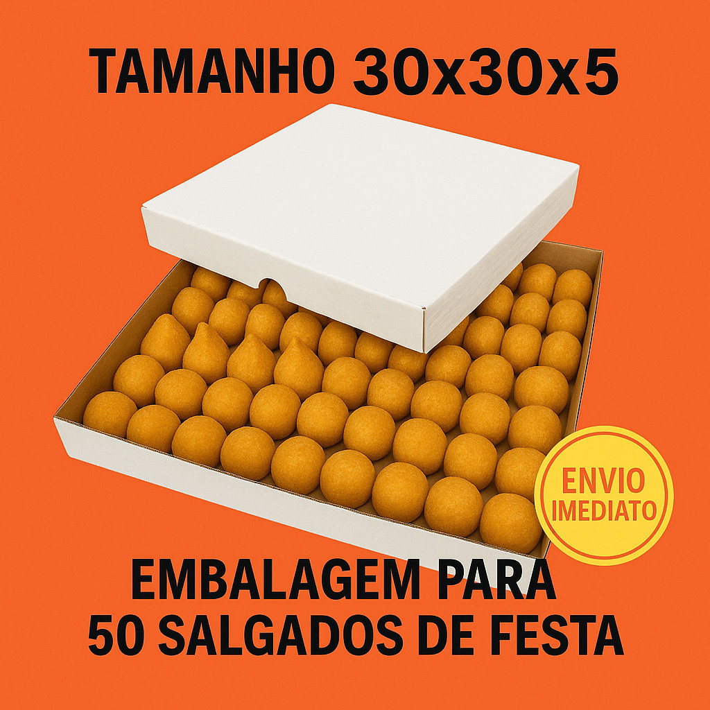 10 Caixa para 50 Salgados e Doces  30x30x5– Tampa e Fundo – Papelão Branco e Kraft – Envio Imediato – Festa e Confeitari