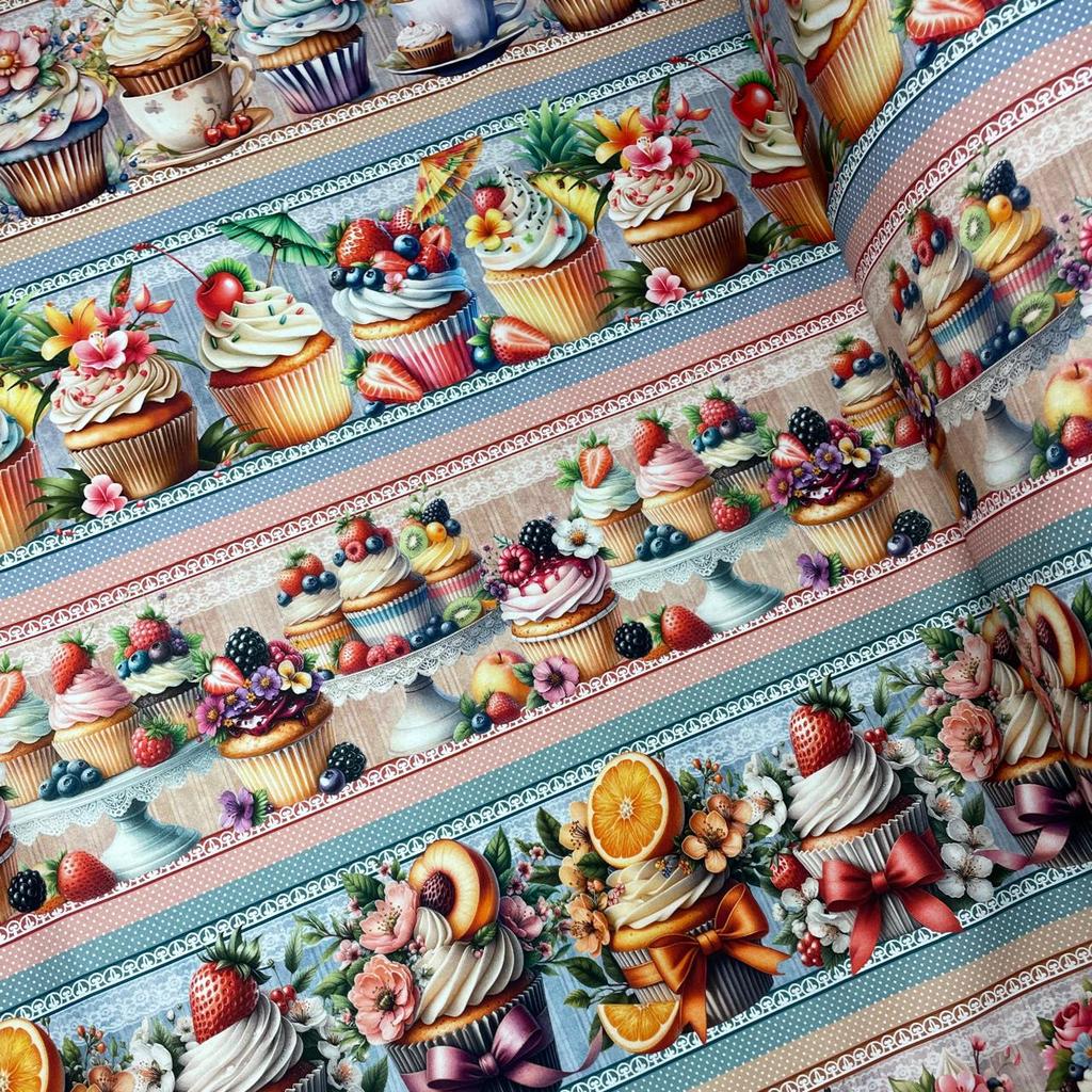 Tecido Tricoline Digital Barrado Cupcakes Gourmet 55cm x 1,50mt 10 Barras 100% Algodão em Oferta na Shopee