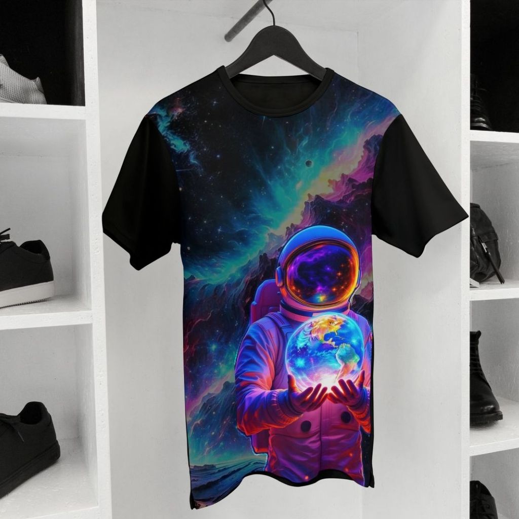 Camiseta Blusa T-Shirt Básica Sublimada Astronauta Segurando Planeta Terra Espaço Unissex