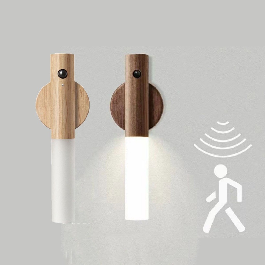 Luminárias LED Recarregáveis Sensor de Movimento Sem Fio Arandela de Madeira Minimalista
