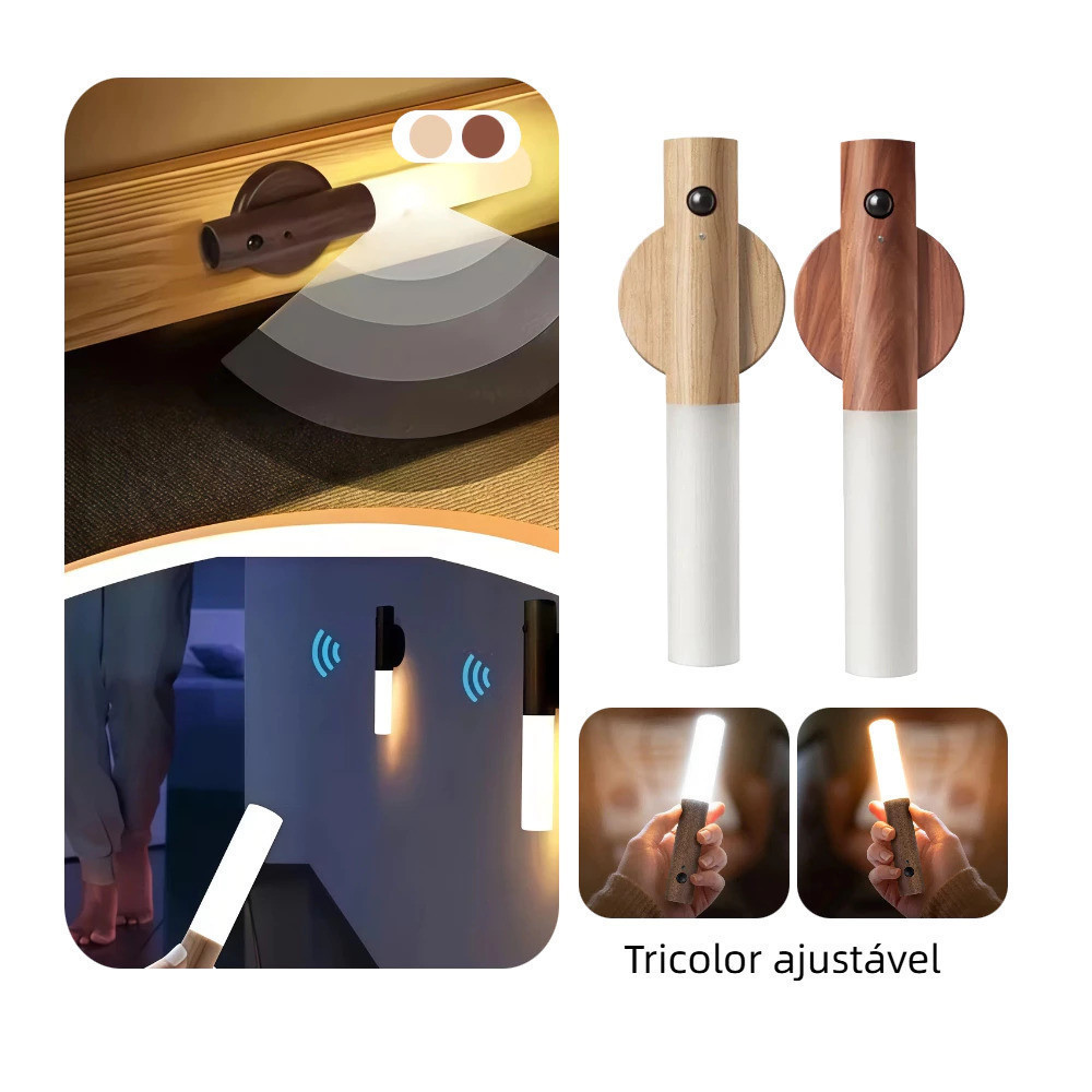 KIT 2 Luminaria Luz Led Recarregável Sensor de Movimento Arandela de Madeira Minimalista Para Mesa Parede REAL