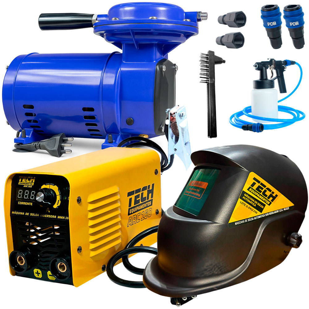 Kit Solda Máquina de Solda Tech Máscara Solda Automática Kit Mini Compressor Seletor Voltagem 250W