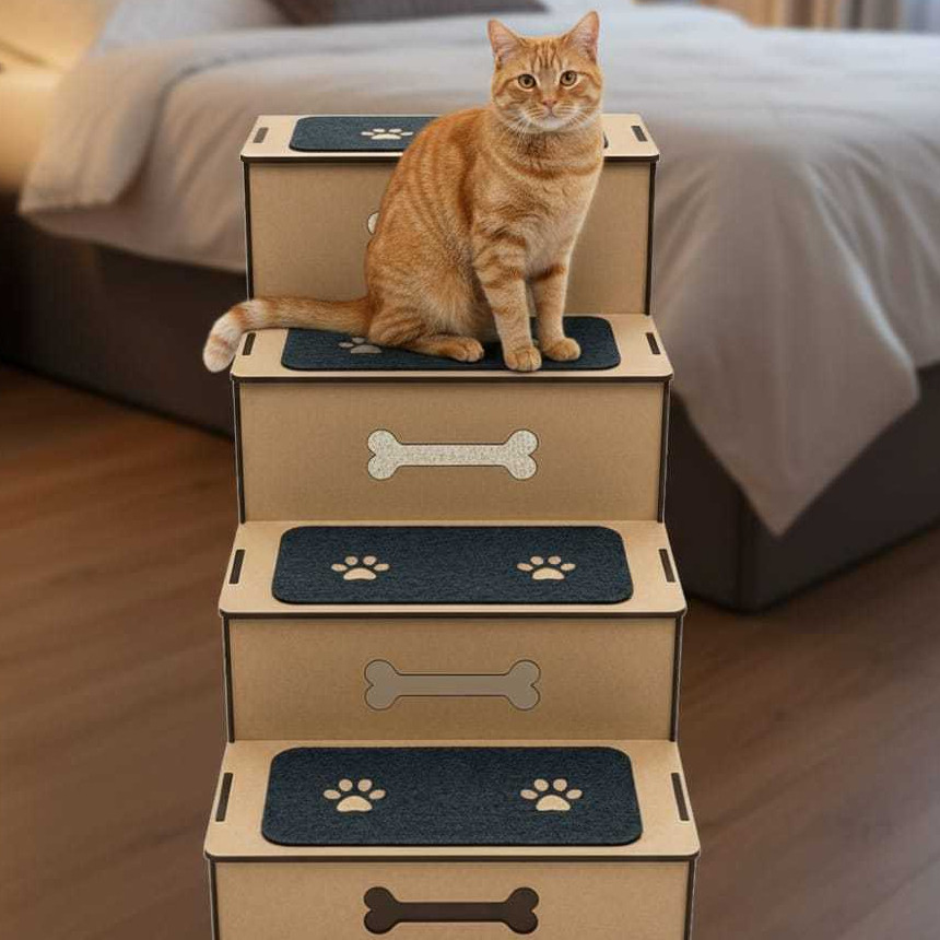 Escada Pet 4 Degraus em MDF com Carpete Antiderrapante Acessório P/ Cães e Gatos Idosos ou Filhotes 60cm de Altura