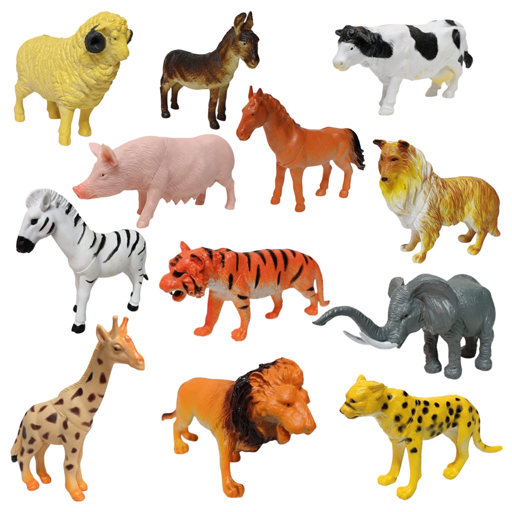 Kit Brinquedo 12 Animais da Selva e Fazenda Criança Infantil Animais do Safari Leão Zebra Cachorro em Oferta na Shopee