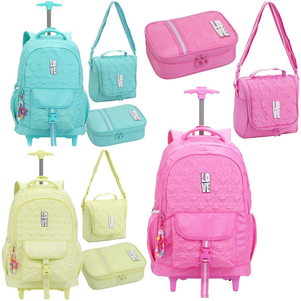 Kit Material Escolar C/ Mochila de Rodinha Estojo Grande Lancheira Térmica Juvenil Feminino Design Estiloso Reforçado