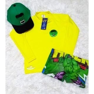 Sunga infantil Verão + Camisa Lisa UV + Boné - Proteção Solar UV 50 - Conjunto UV para meninos Hulk - Praia