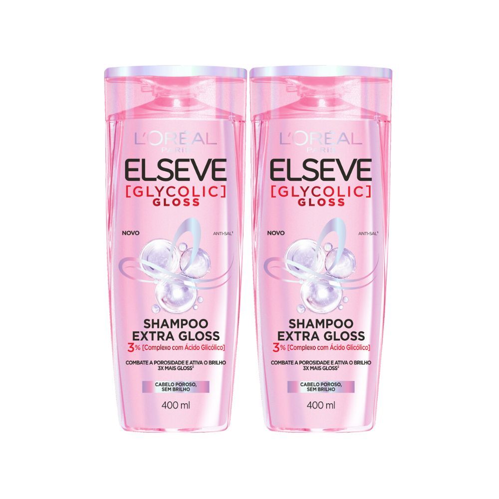 Kit 2 Shampoo Elseve Glycolic Gloss L'oréal Paris Extra Gloss Cabelo Poroso e sem Brilho 400ml
