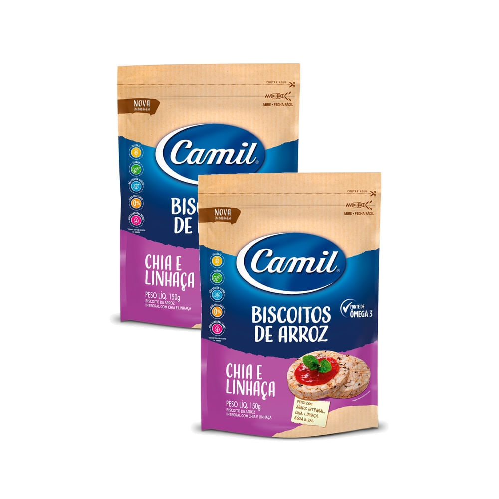 Kit 2 Biscoito de Arroz Integral Camil com Chia e Linhaça 150g em Oferta na Shopee