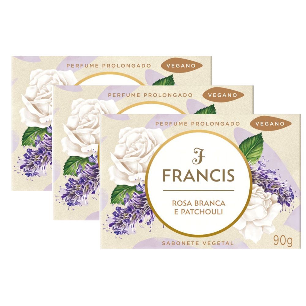 Kit 3 Sabonete Francis Rosa Branca e Patchouli com 90g em Oferta na Shopee