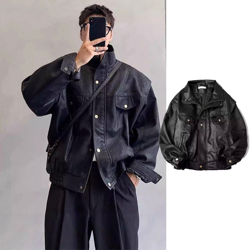 Estilo bonito americano high street Retro jaqueta de couro na moda masculina duplo zíper ombreiras motocicleta jaqueta d