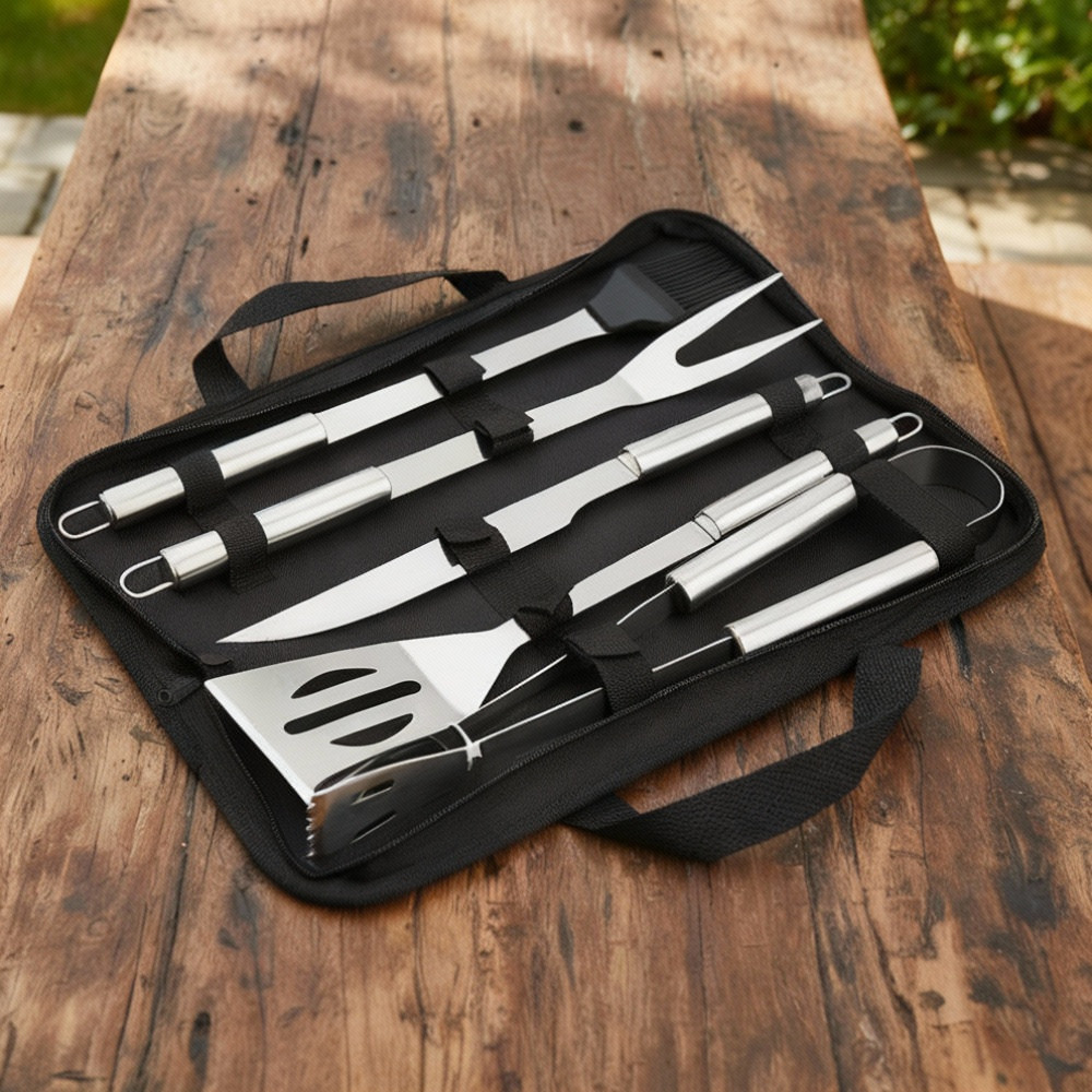Kit Churrasco Completo Profissional Conjunto 5 Peças Aço Inox Faca Espátula Pincel Garfo Cozinha