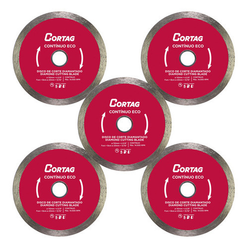Kit 5 Peças Disco Corte Diamantado Contínuo Eco 110mm Cortag