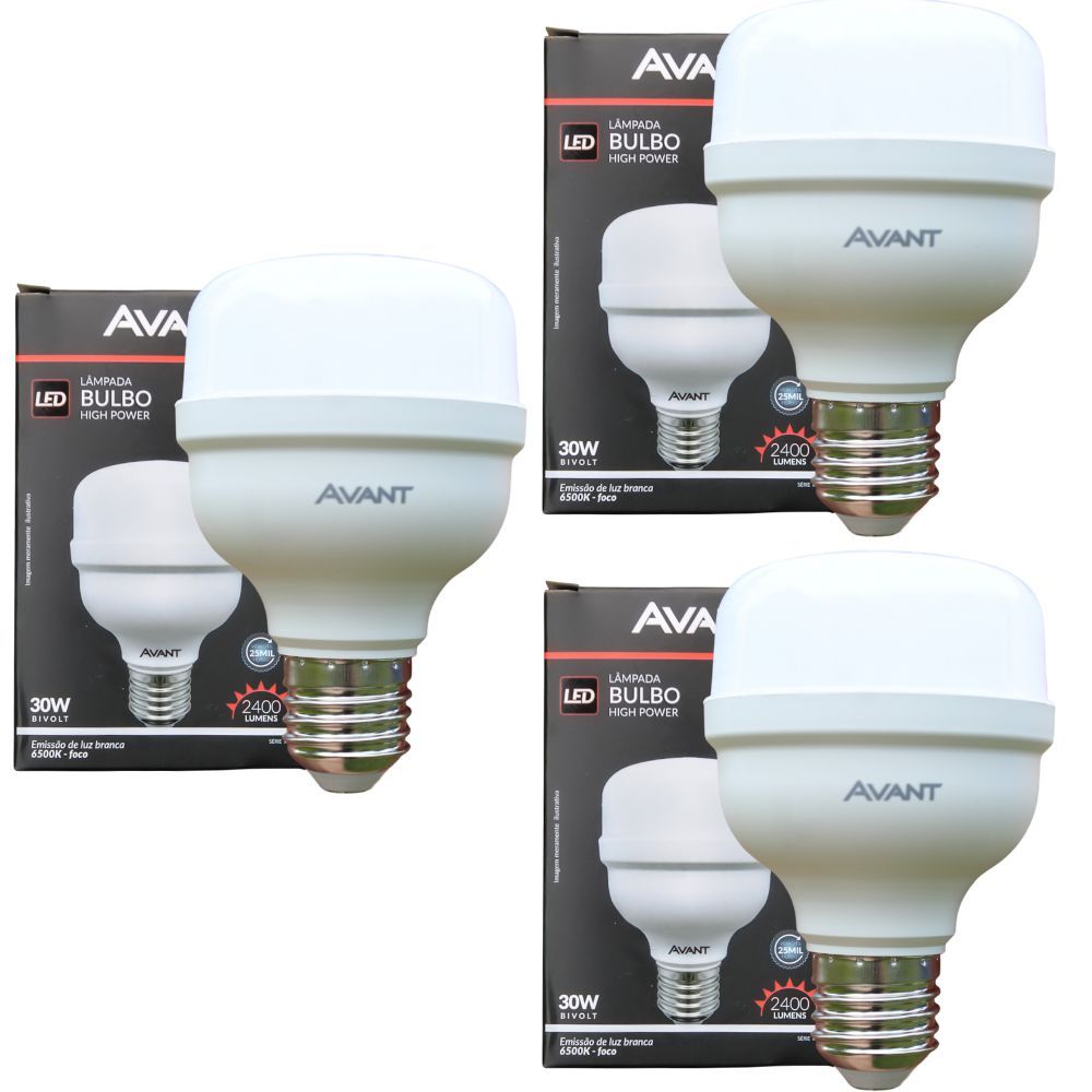 kit com 3 Lâmpada LED Avant 30W High Power Bulbo E27 2400 Lúmens Luz Branca 6500K Bivolt