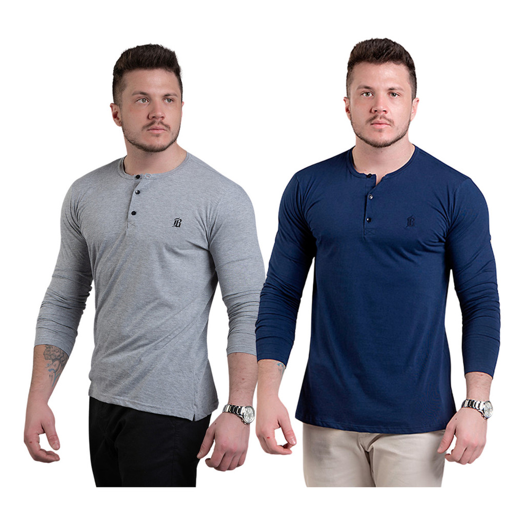 Kit 2 Camisetas Henley Manga Longa Algodão Confort Top
