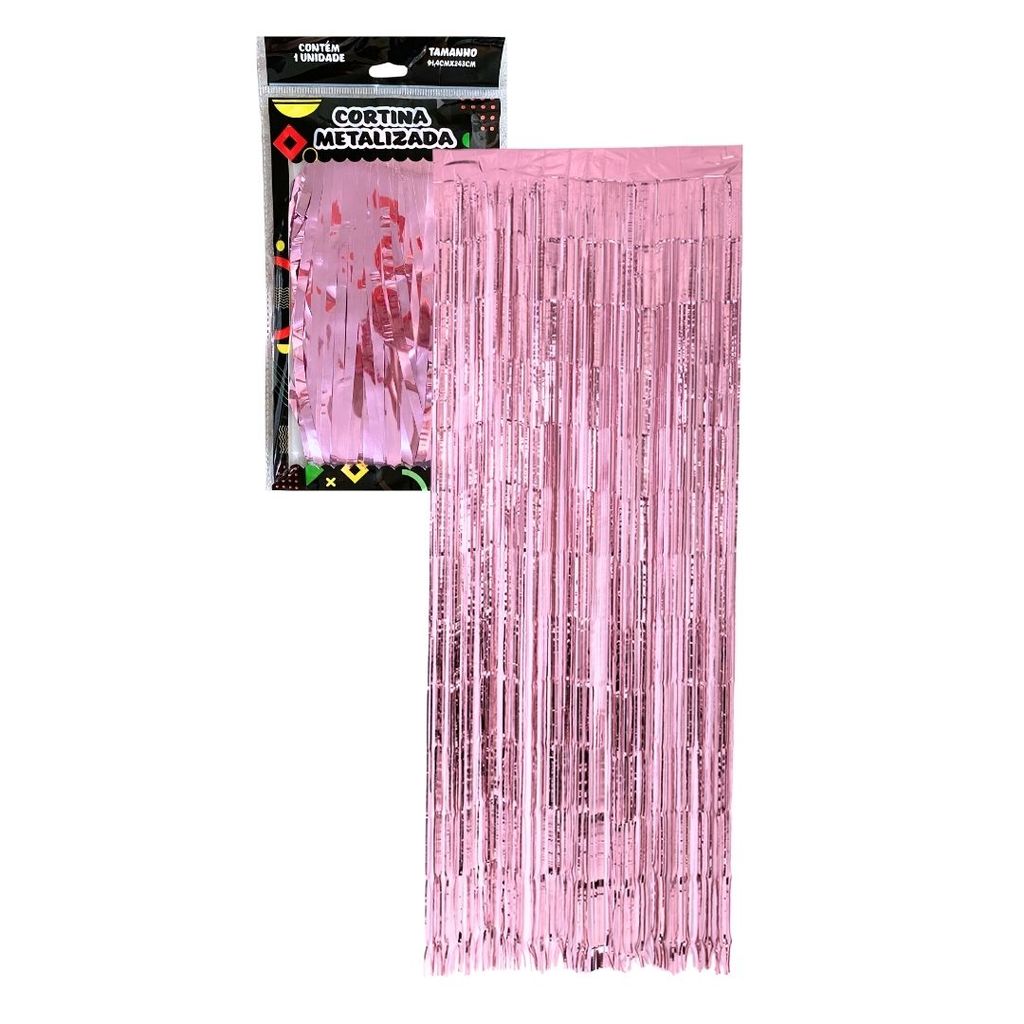 Cortina Metalizada Rosa Bebê em Fita Decoração Festa