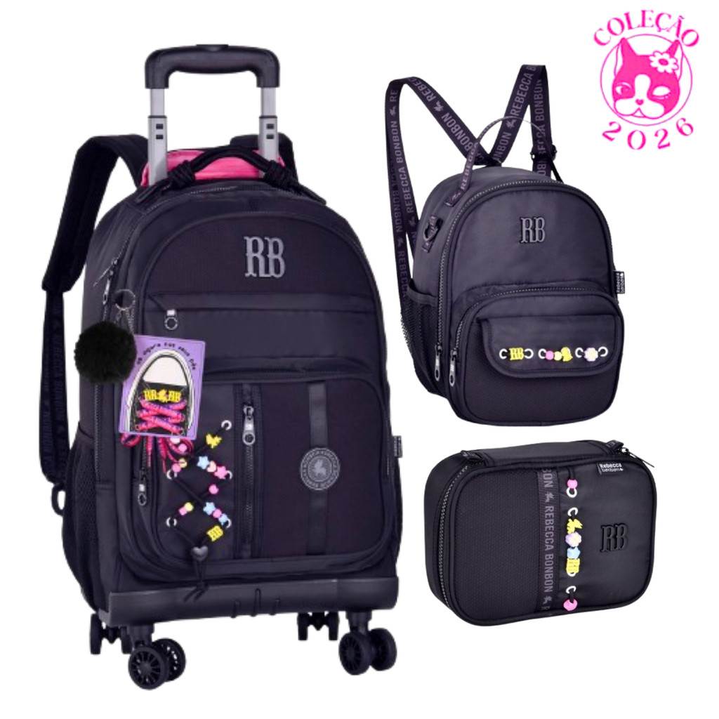 Kit Mochila de Rodinhas 360º Com par de Cadarços,Estojo e Lancheira Rebecca Bonbon Beaded Fun em Oferta na Shopee