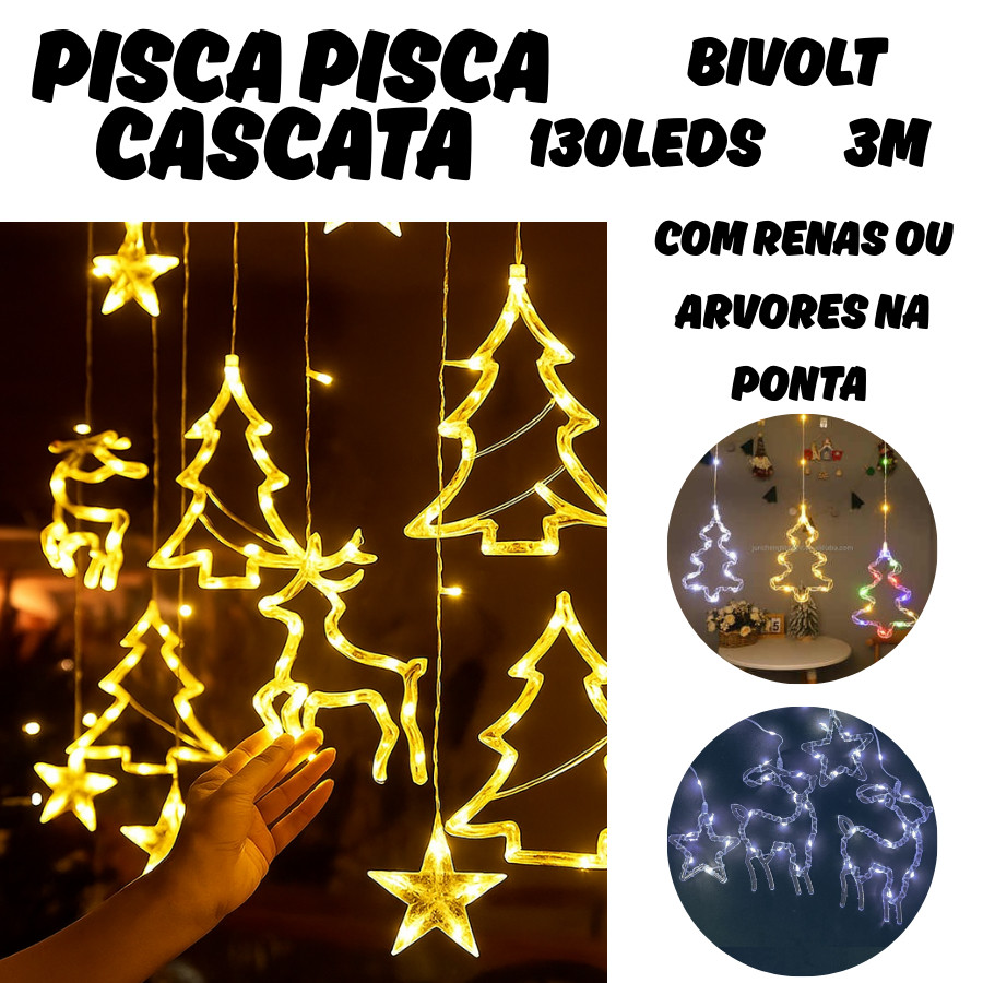 Pisca Pisca Cascata 130 Leds 3M Decoração Natal Figuras Sortidas Rena OU Arvore Interno Fio De Fada
