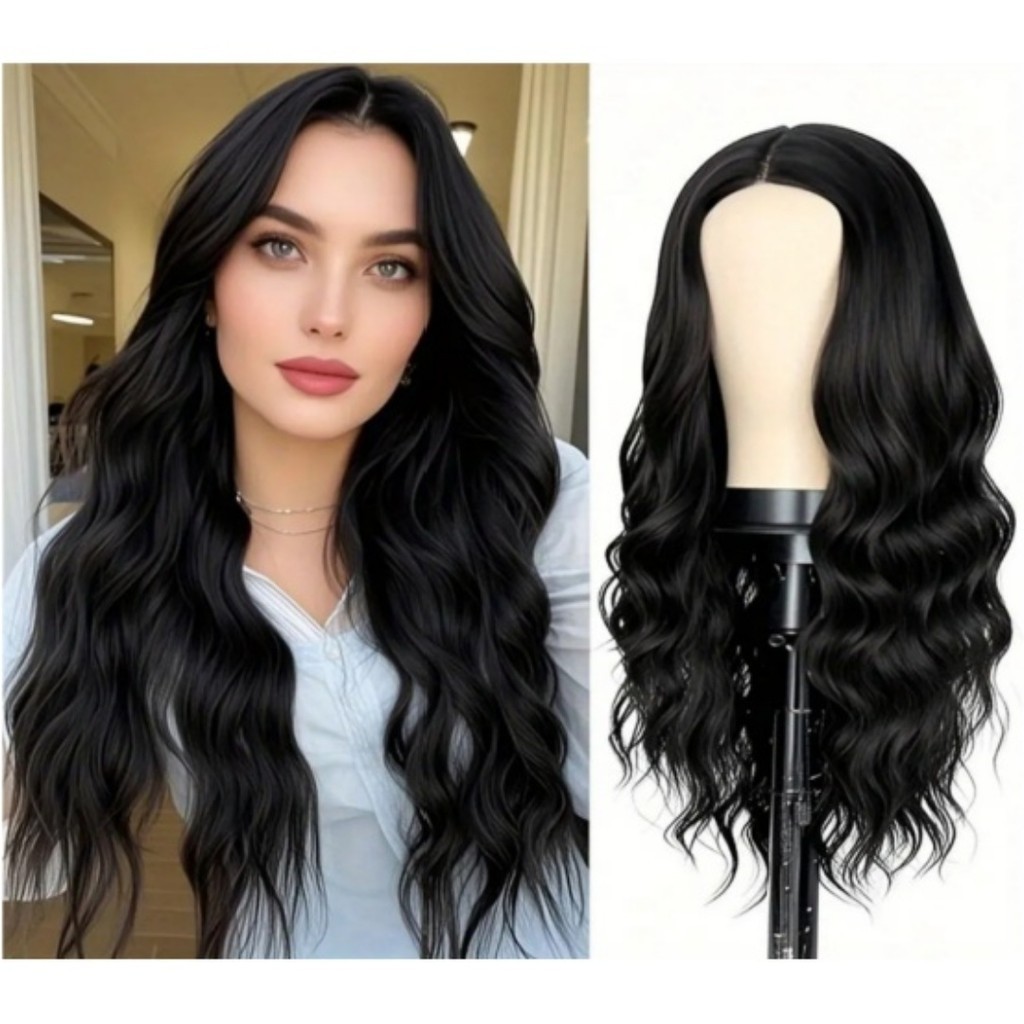 Peruca Ondulada Preto Intenso Com Franja Bio Fibra Macia 55cm 220g Top Hair TIAN-1# em Oferta na Shopee