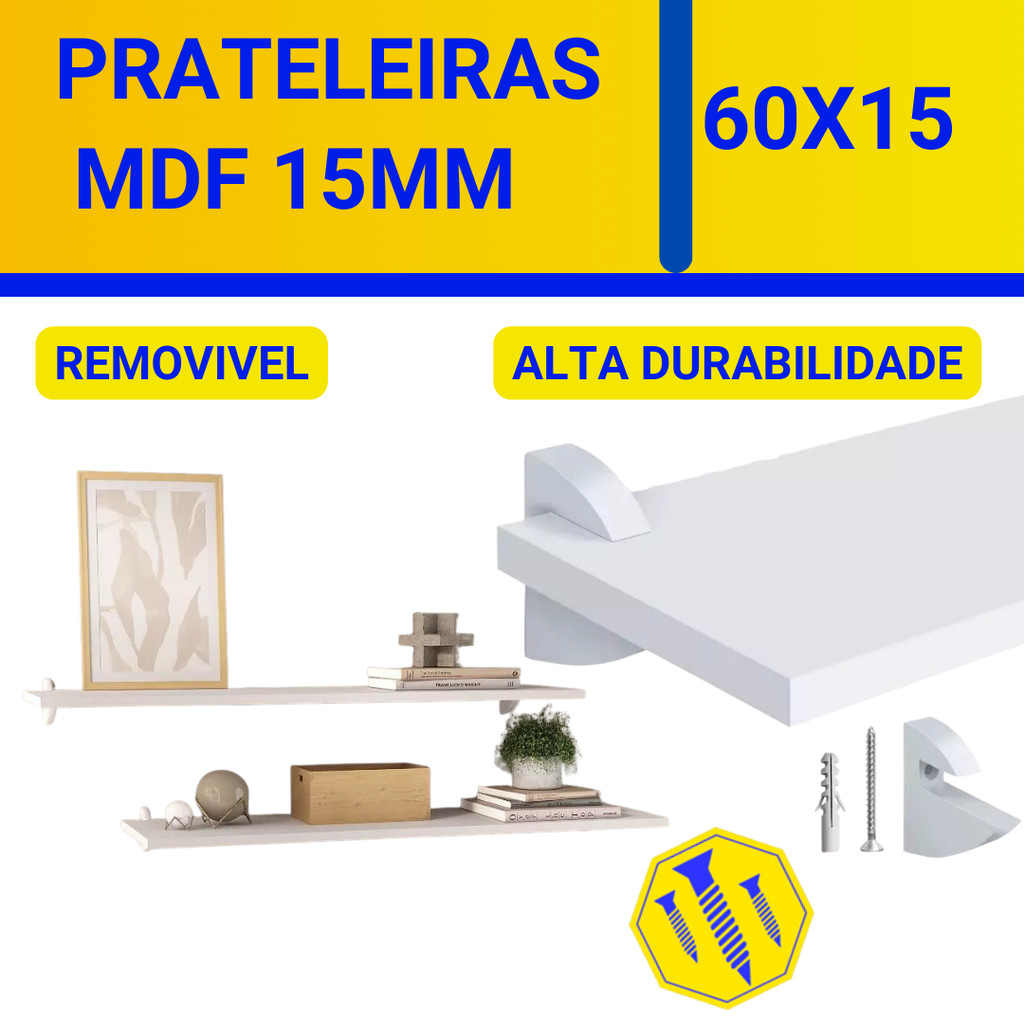 3 Prateleira Lisa Mdf 15mm branca Tx 60x20 cm + suporte tucano