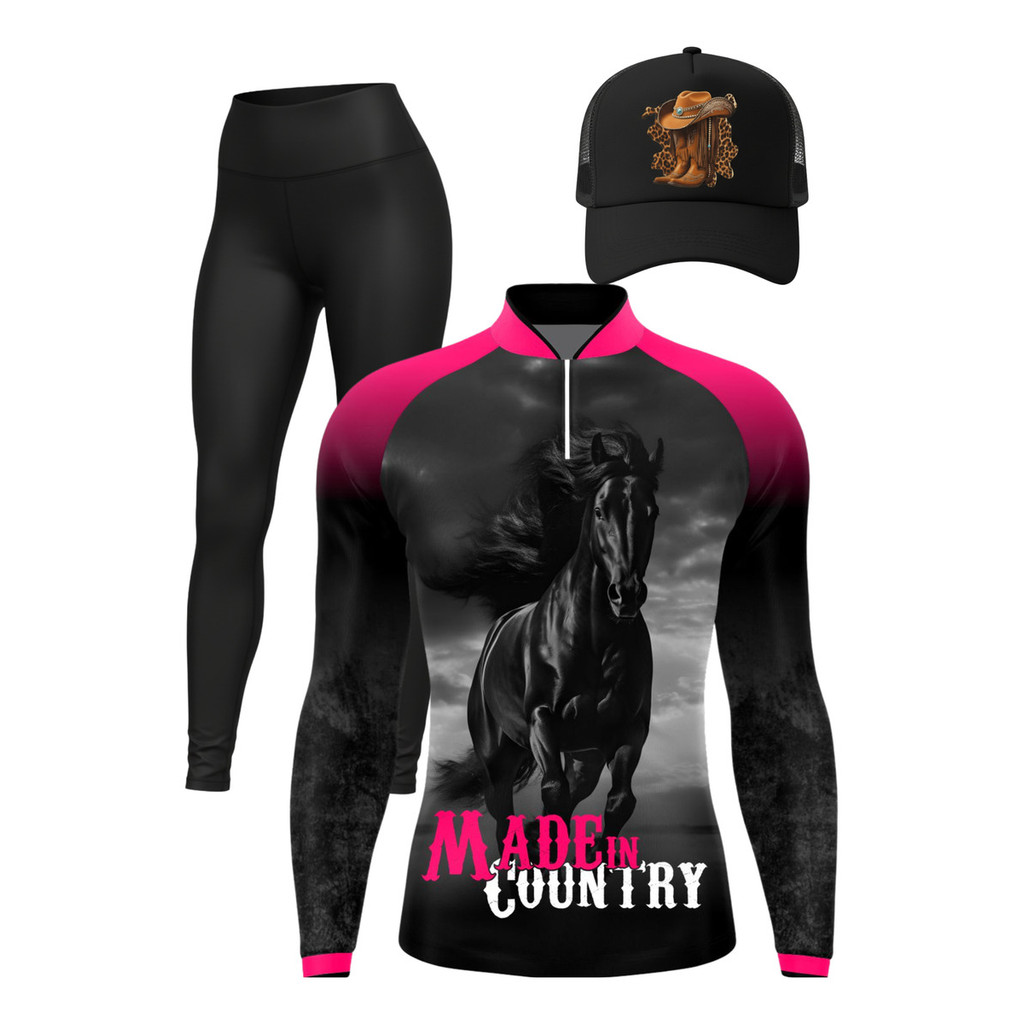 Kit Country Camisa Cavalgada + Boné + Legging Moda Rodeio